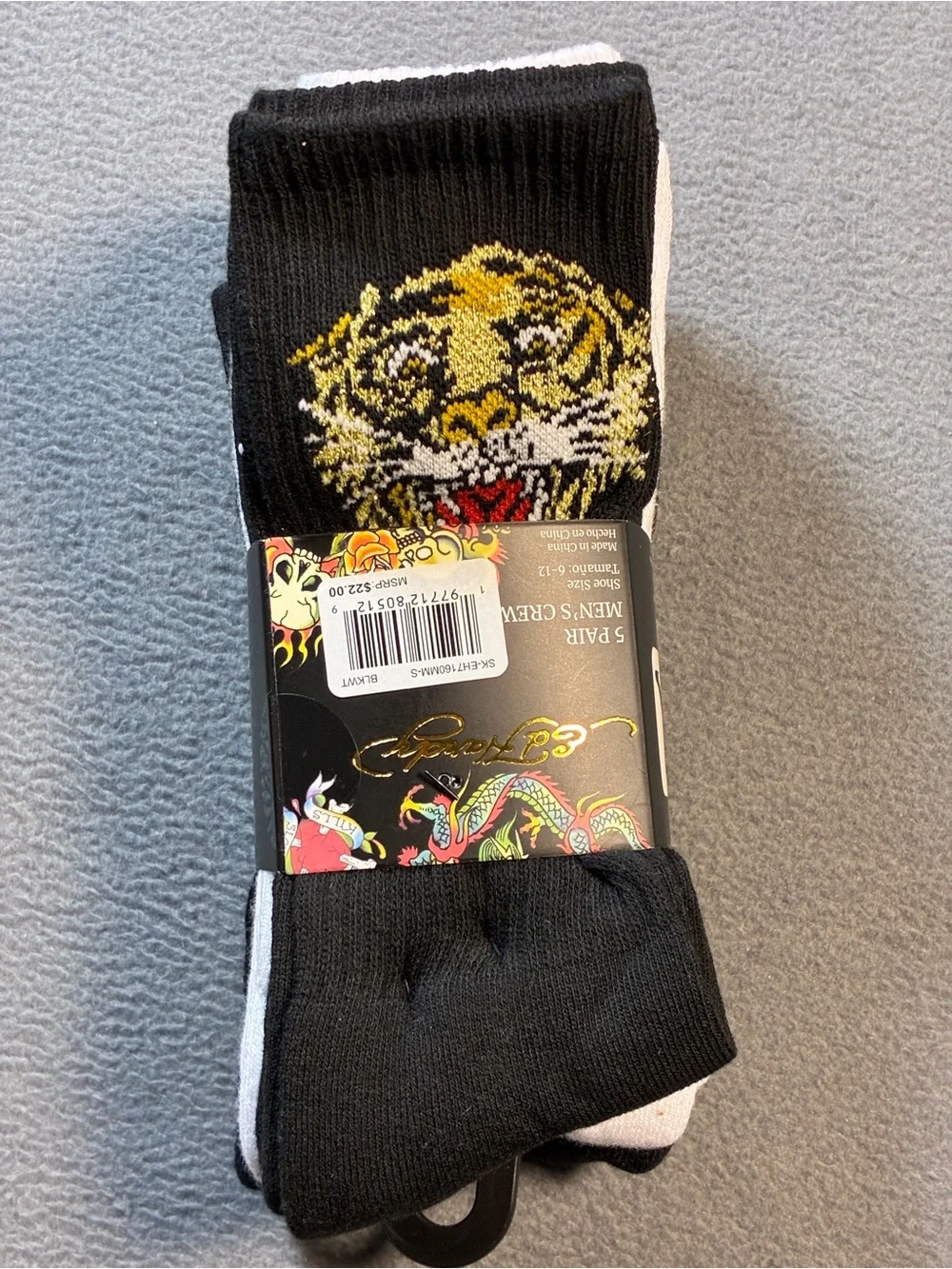 Ed Hardy Black Crew Socks with Multicolor Skull Art - 5 Pair